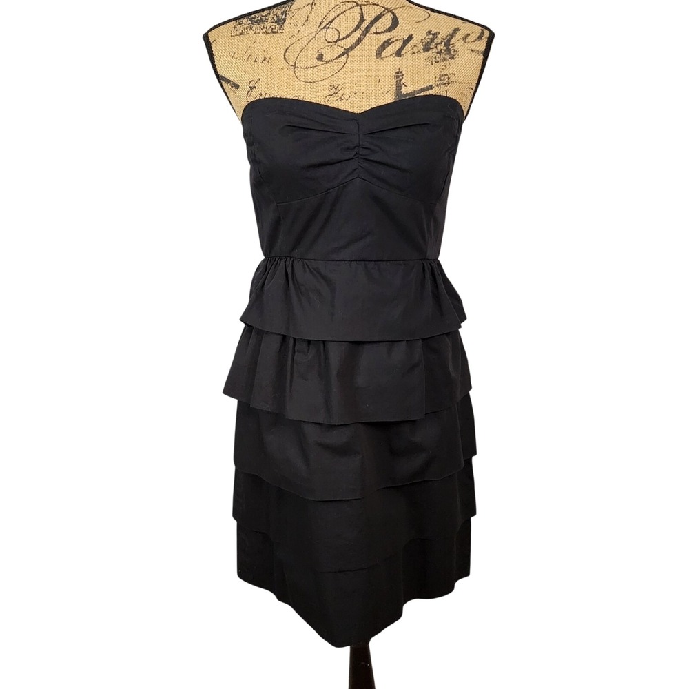 J.CREW Size 4 Brynn Poplin Ruffle Mini Dress Black Strapless Layered‎ Sweetheart
